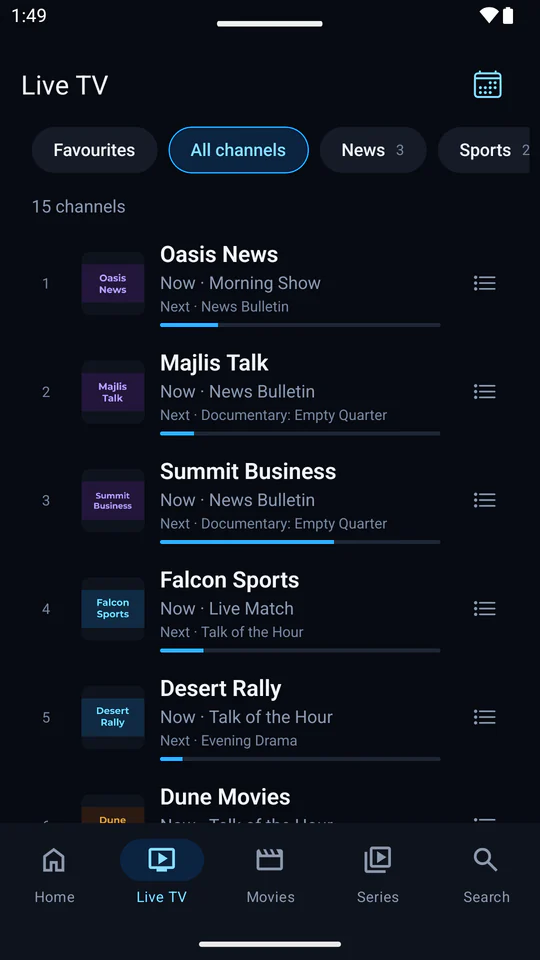 Live TV in Aina on an Android phone: channels with logos, numbers, and now and next