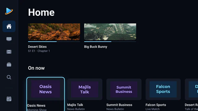 Aina on Android TV: the home screen with the focus rail, continue watching and what is on now