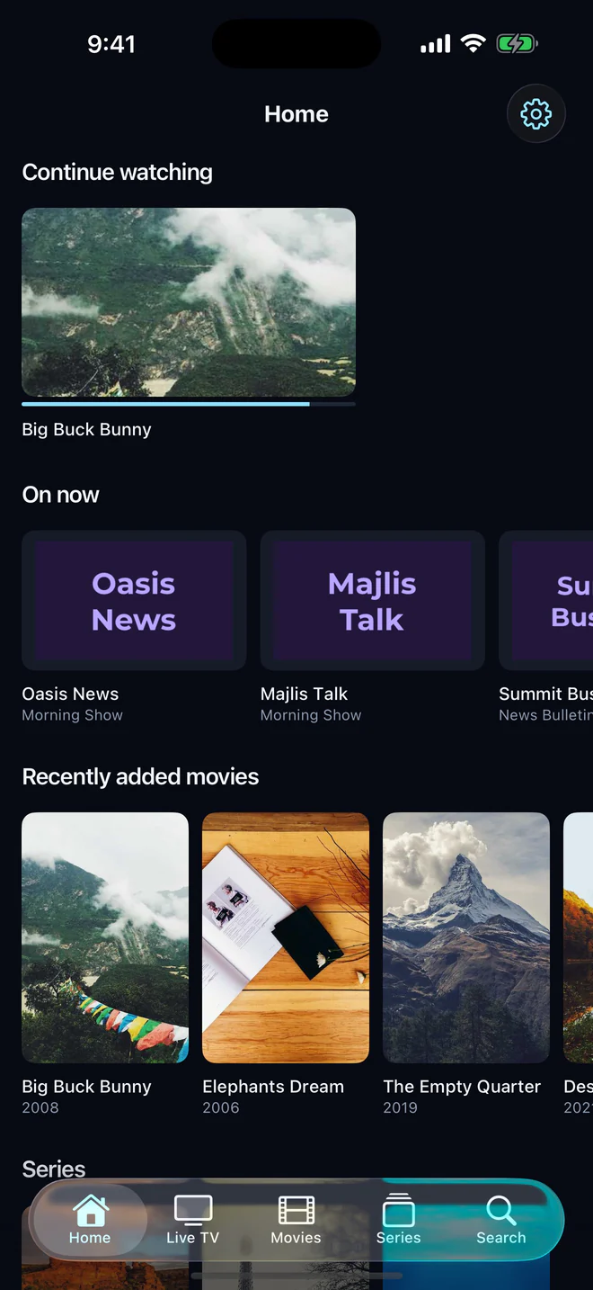 Aina’s home screen on an iPhone: continue watching, on now, and newly added films
