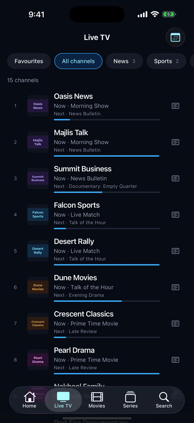 Aina’s live TV list on an iPhone: channels with logos, numbers, and now and next