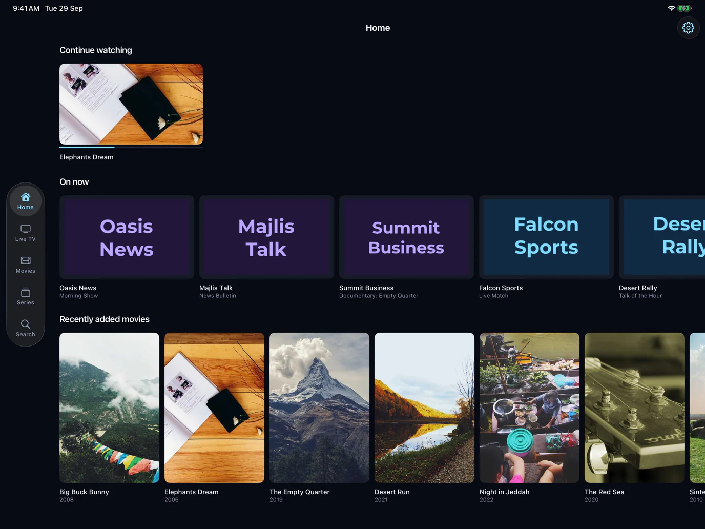 Aina’s home screen on an iPad: continue watching, on now, films and series
