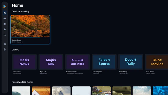 Aina on Apple TV: the home screen, with continue watching and what is on now